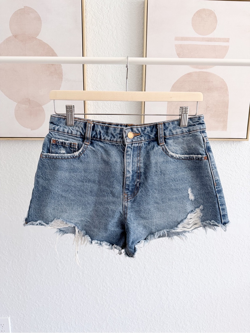 Zara Light Blue Distressed High-Rise Denim Shorts